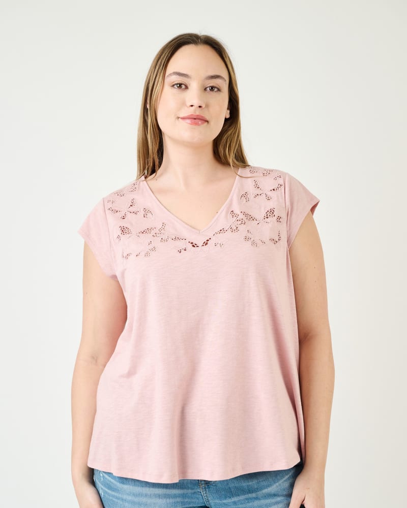 Front of a model wearing a size 2X Faith Embroidered Cutout Top in Pink Adobe by Daniel Rainn. | dia_product_style_image_id:271915